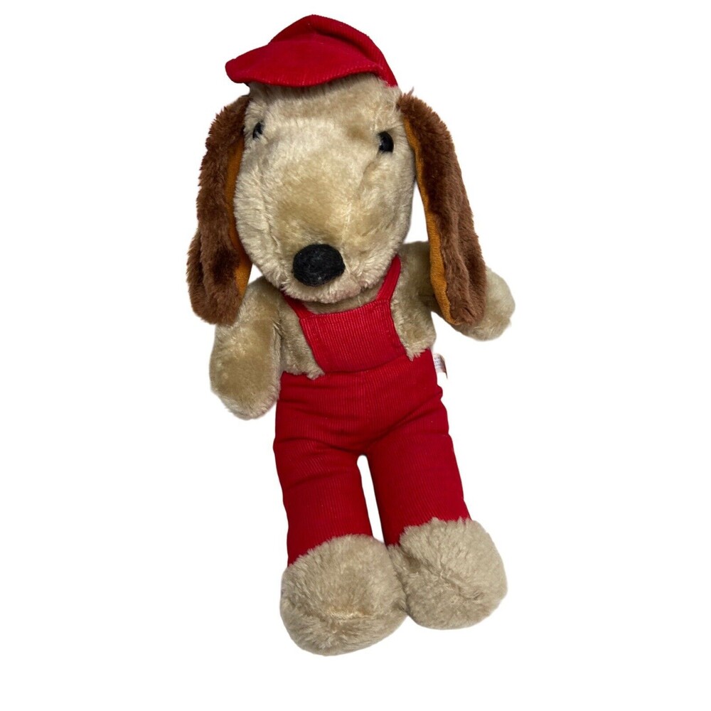 Interpur Brown Puppy Dog Red Corduroy Hat Overalls 15 Inch Stuffed Toy vtg Plush